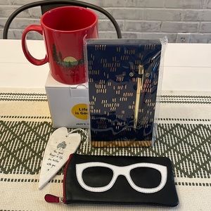 Gift Bundle - all brand new! Mug, leather glasses case, notepad, clay ornament.